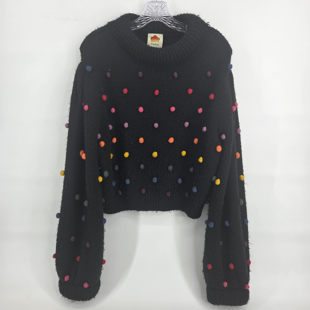 Farm Rio Pom Pom Sweater M Black Rainbow Bobble Knit Eclectic Boho Whimsical